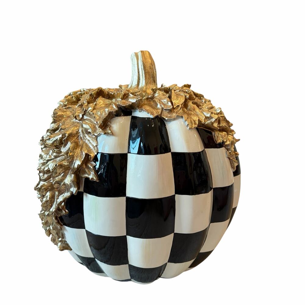 NEW MacKenzie Childs Courtly Check Gold Foliage Pumpkin 11.5" H in Original Box - Picture 15 of 16
